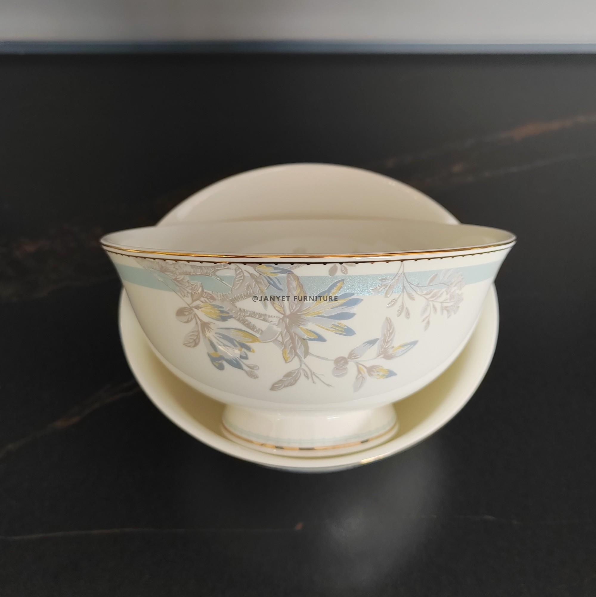 Light Blue Floral Bowl & Plate with Gold Rim