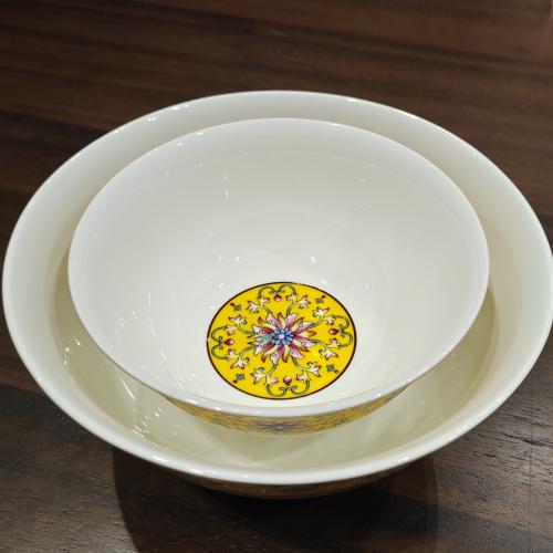 Yellow Enamelware Bowl with Floral Medallion