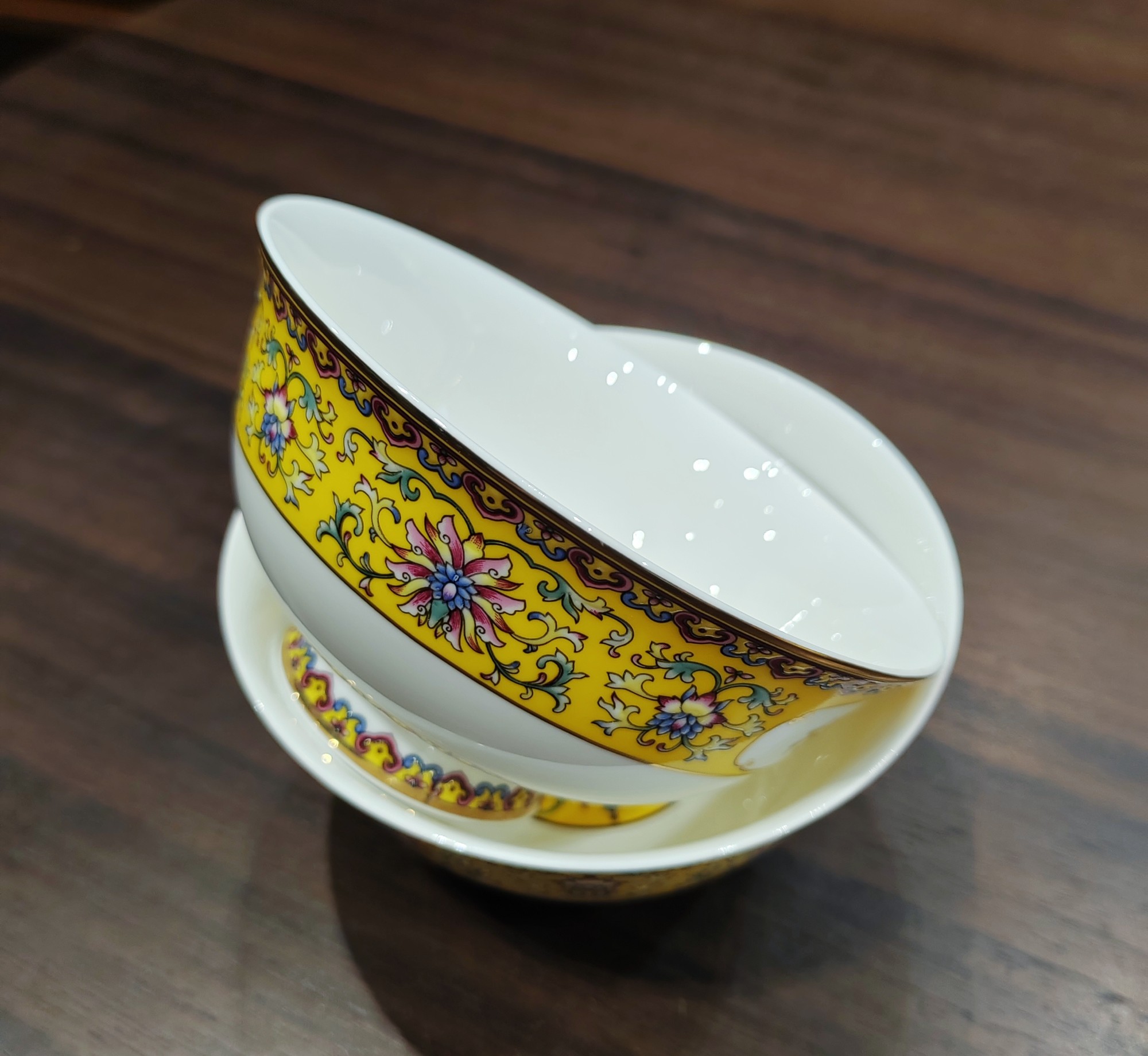 Yellow Enamelware Bowl with Floral Medallion