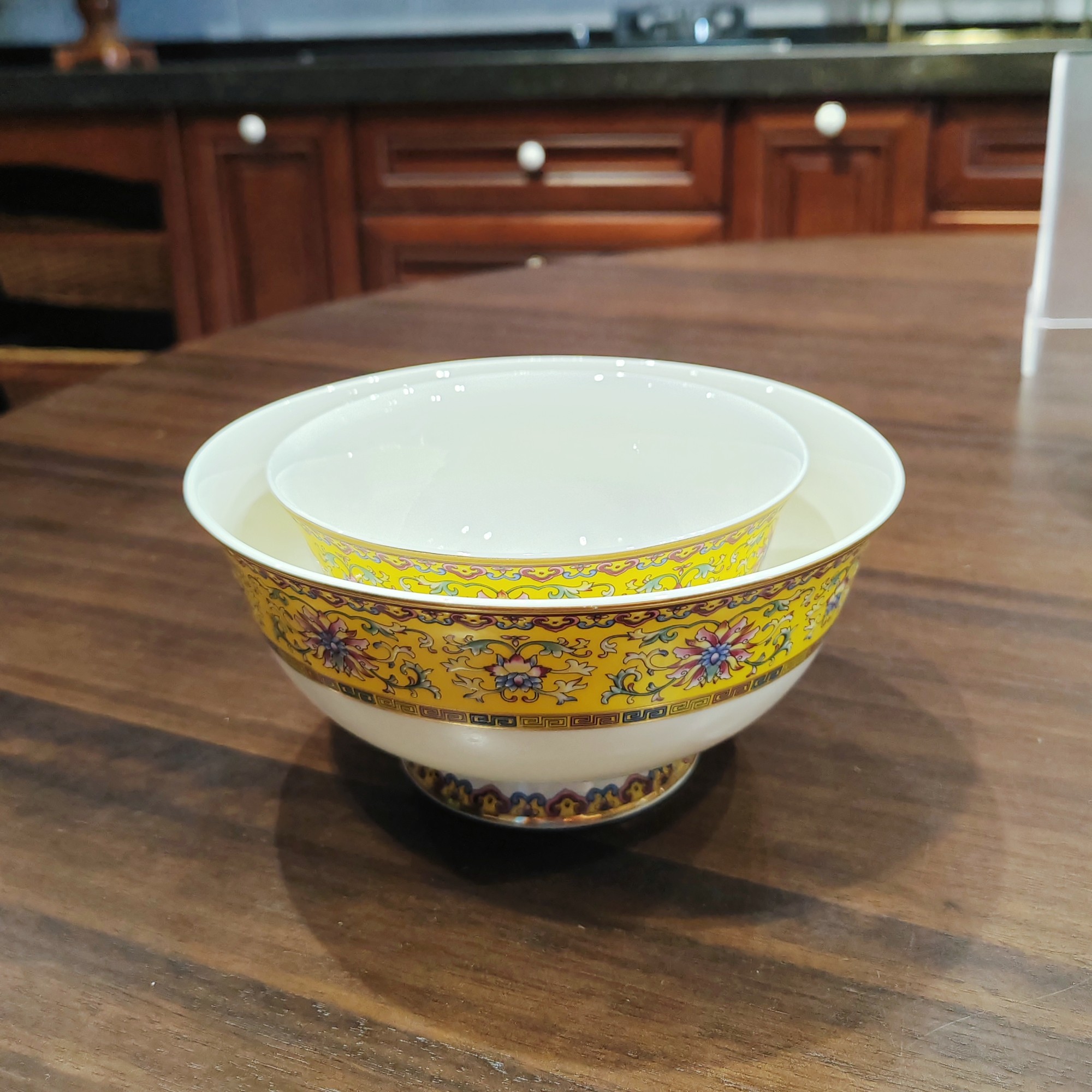 Yellow Enamelware Bowl with Floral Medallion