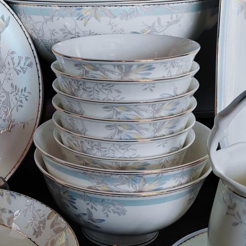 Cream White Bone China Dinnerware with Blue Floral & Gold Rim