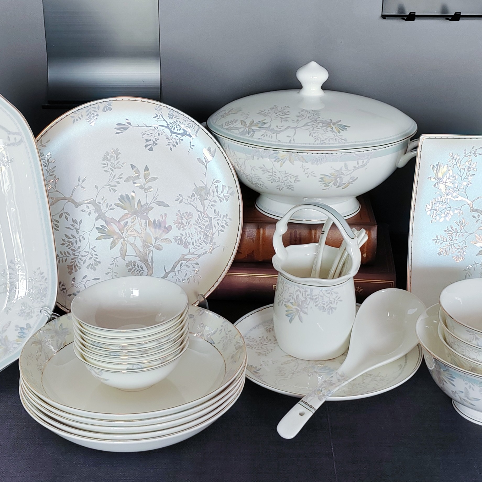 Cream White Bone China Dinnerware with Blue Floral & Gold Rim