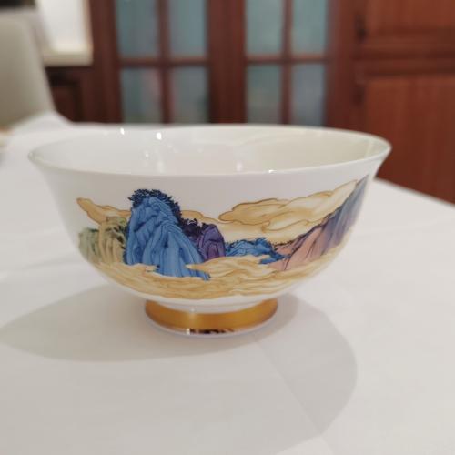 Thousand Li River Landscape Bowl with Gilded Base
