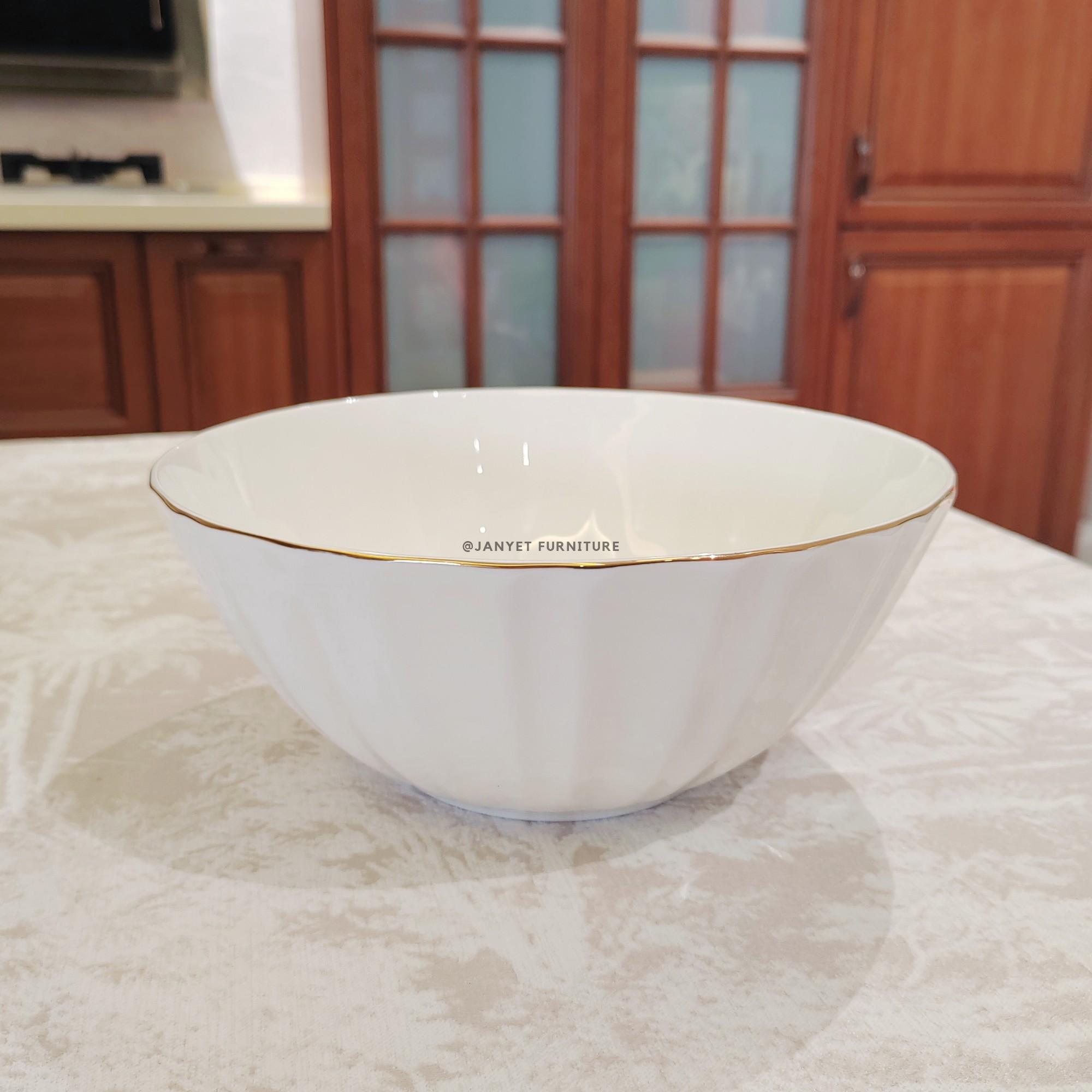 Ivory Fluted Ceramic Bowl with Gold Lining