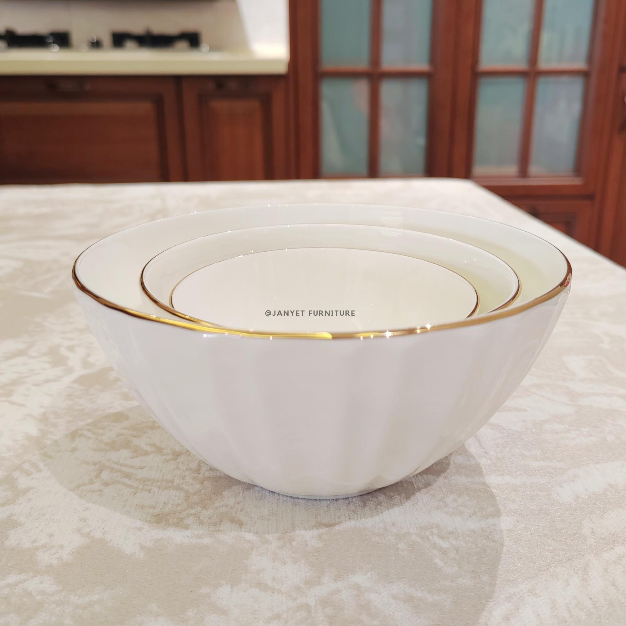 Ivory Fluted Ceramic Bowl with Gold Lining