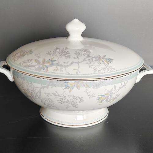 Light Blue Floral Soup Tureen with Gold Trim