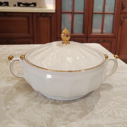 Ivory Fluted Ceramic Soup Tureen with Gold Lining