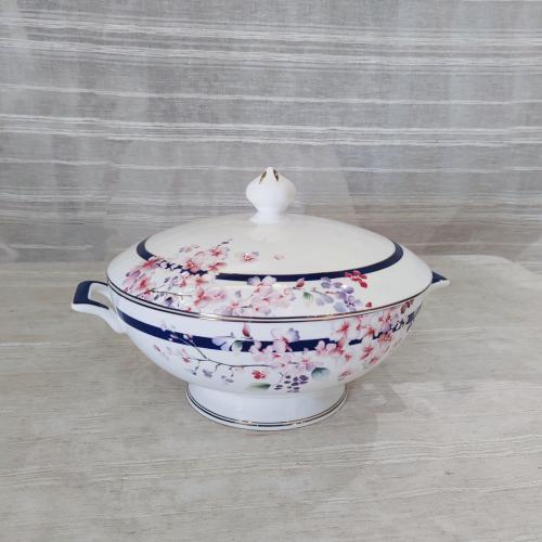 Blue Rim Cherry Blossom Soup Tureen with Double Handles