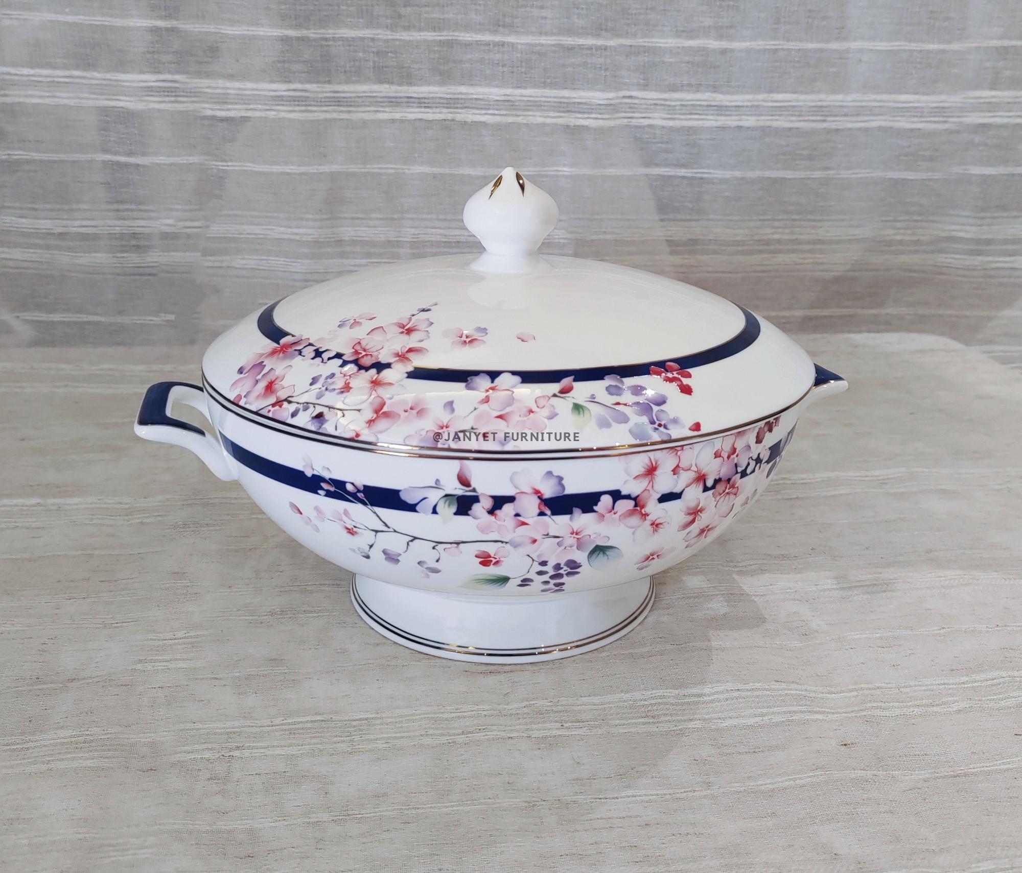 Blue Rim Cherry Blossom Soup Tureen with Double Handles