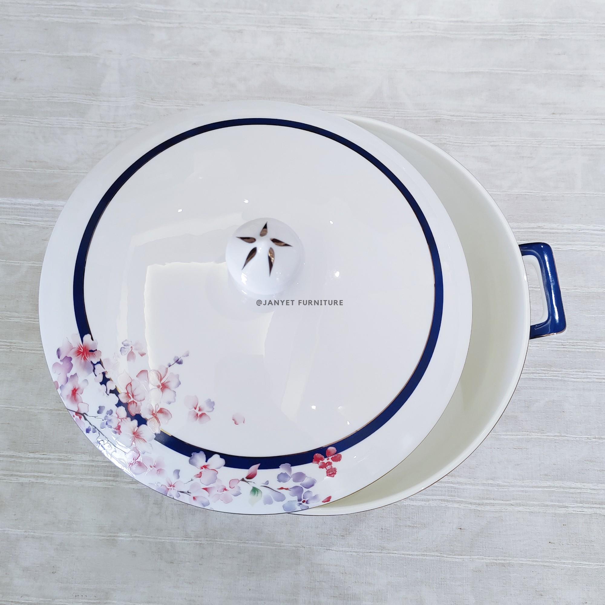 Blue Rim Cherry Blossom Soup Tureen with Double Handles