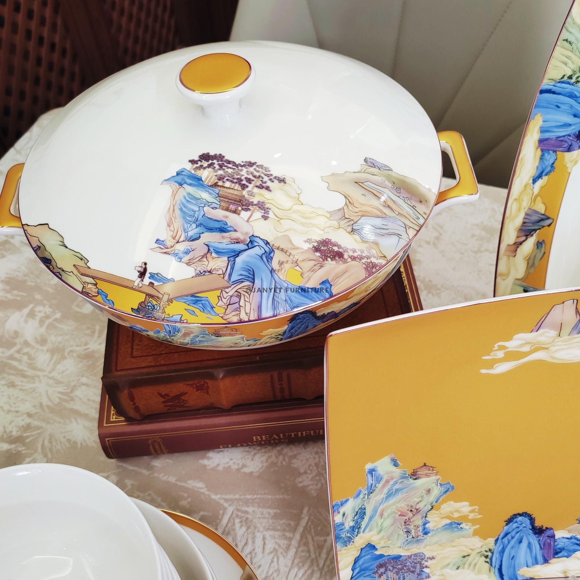 Chinese Landscape Soup Tureen with Gold Trim and Handles