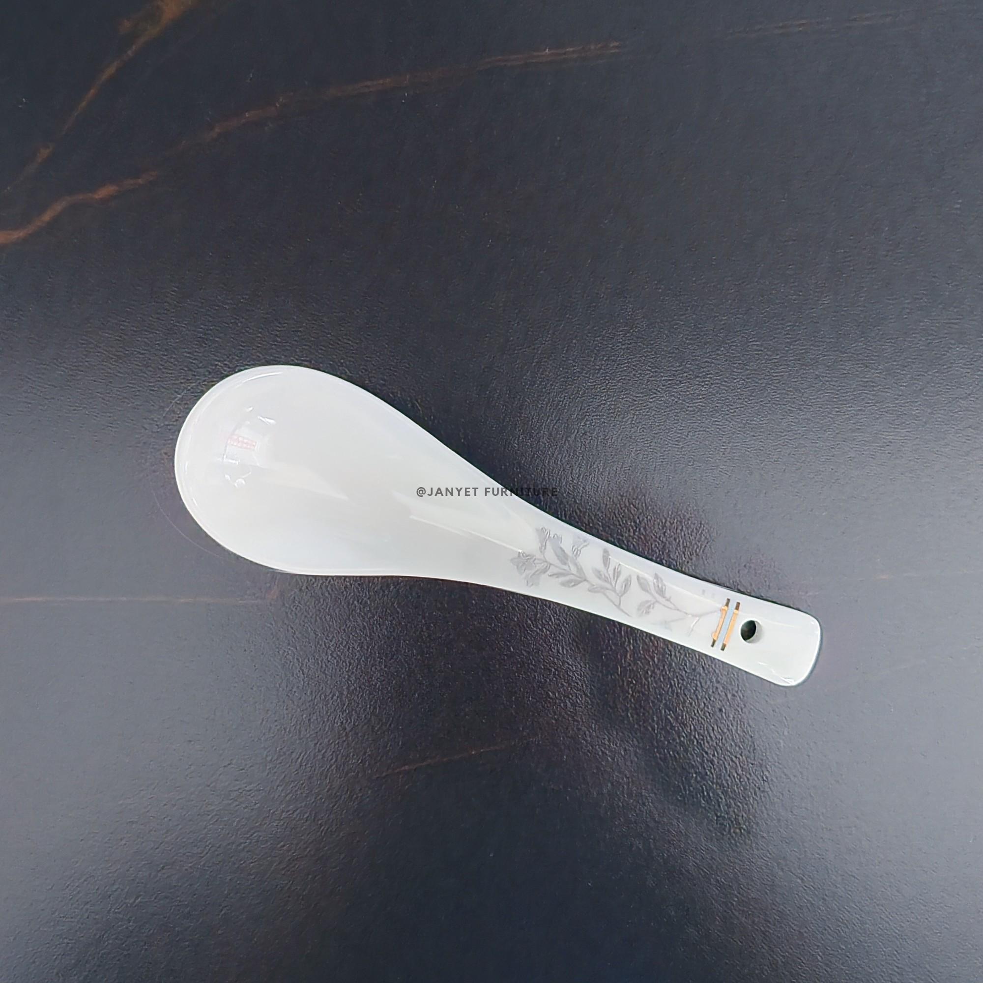 Silver Floral Bone China Soup Spoon with Gold Trim