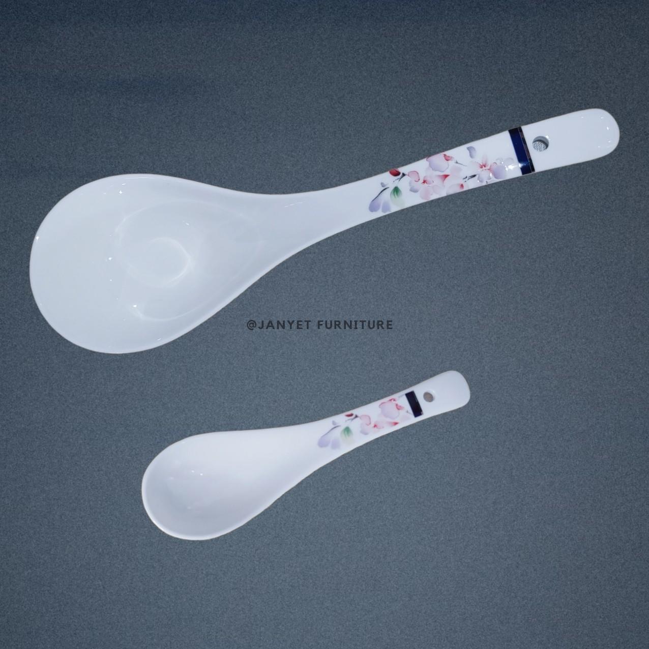 Cherry Blossom & Cobalt Blue Ceramic Soup Spoon Pair